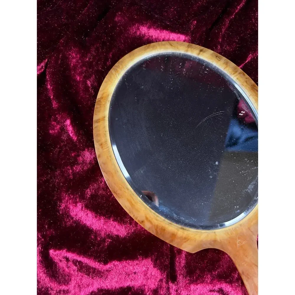 Vintage Art Deco Celluloid Vanity Hand Mirror Faux Mother of Pearl Orange Swirl